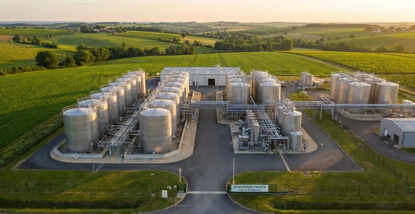 Vue aérienne d'une installation de production de biopropane à partir de matières premières végétales, avec cuves et structures industrielles