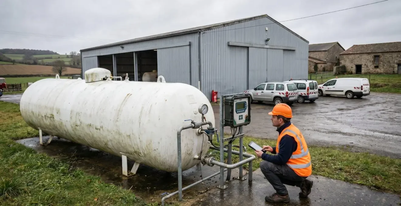Citerne de gaz propane installée sur le site d'une entreprise en zone rurale, avec un technicien vérifiant la jauge connectée