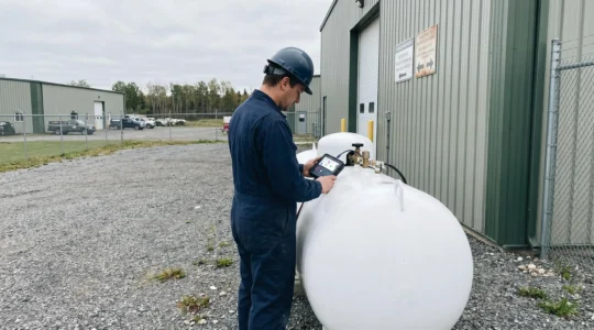 Citerne de gaz propane installée sur le site d'une entreprise en zone rurale, avec un technicien vérifiant la jauge connectée