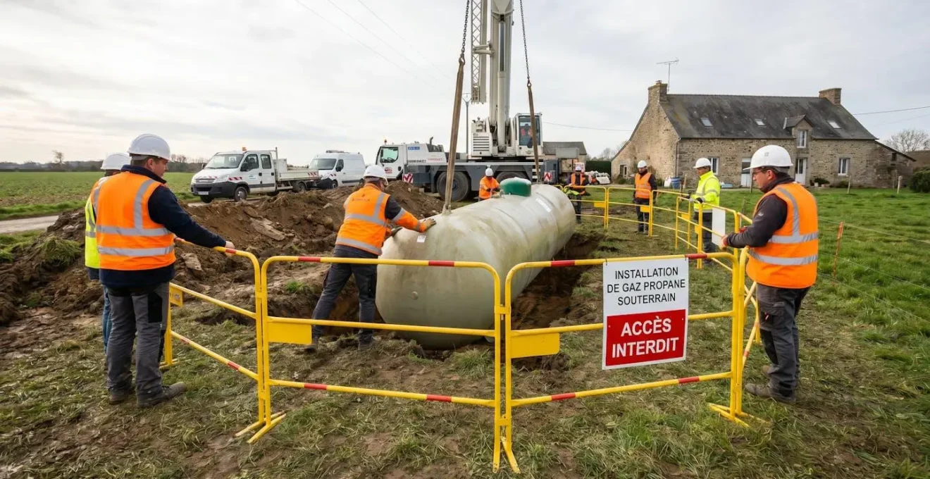 Vue d'une citerne à propane enterrée en cours d'installation sur un site professionnel, avec balisage de sécurité au sol